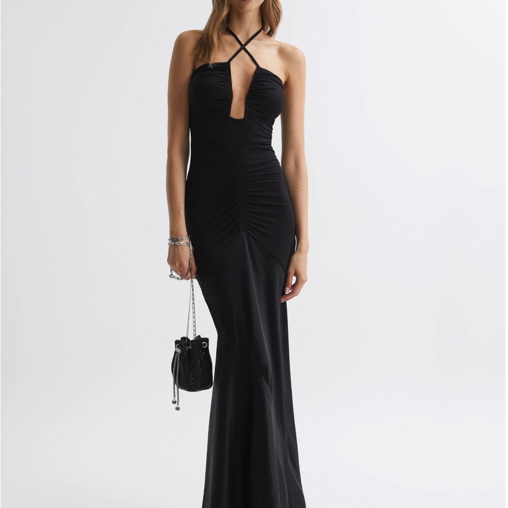 Reiss Black Thalia Fitted Plunge Neck Satin Maxi Dress